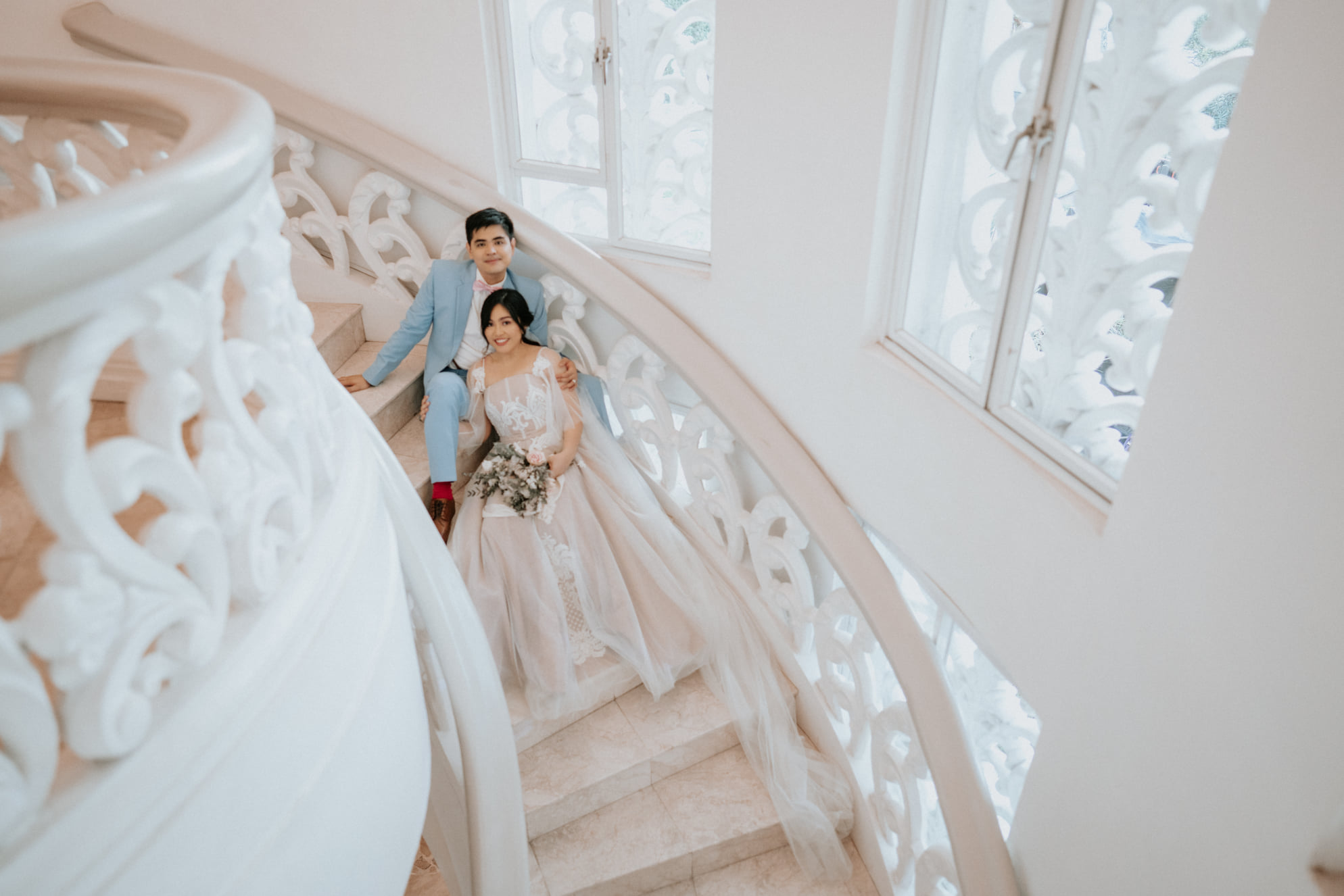 grand staircase,, white mansion, new normal wedding
